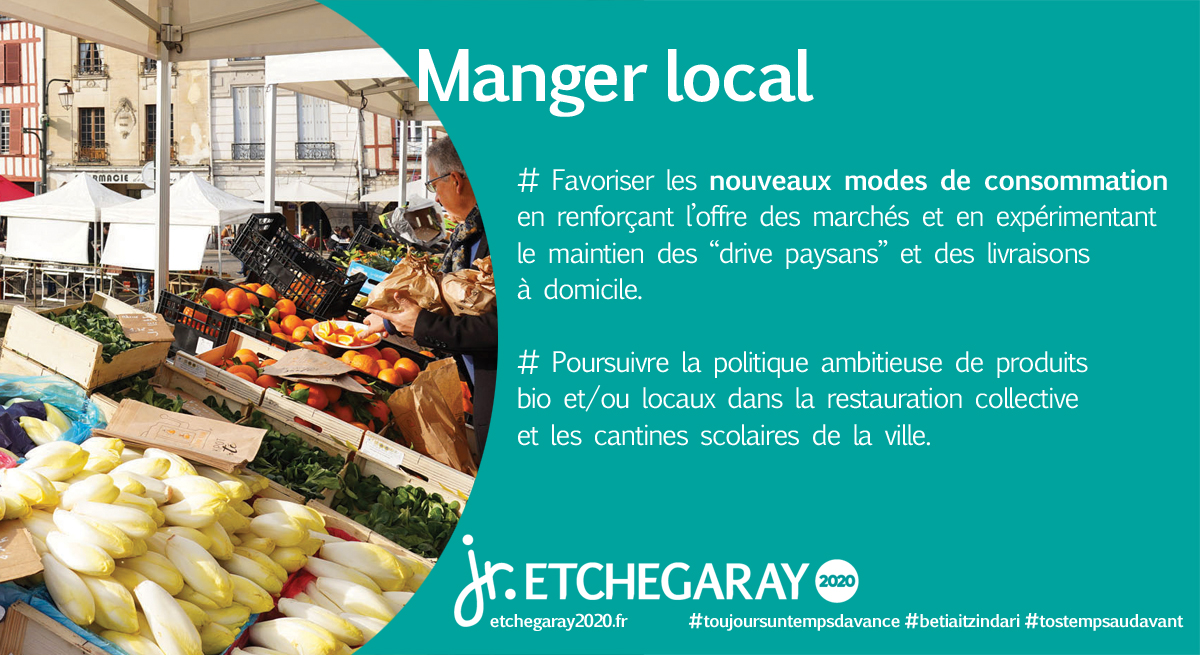 Notre Projet : Manger Local !
👉 Favoriser les nouveaux modes de consommation 
👉 Poursuivre la politique ambitieuse de produits bio et/ou locaux dans la restauration collective et les cantines scolaires de la ville.
#bayonne #bayonneverte #alimentation #cantine #circuitscourts