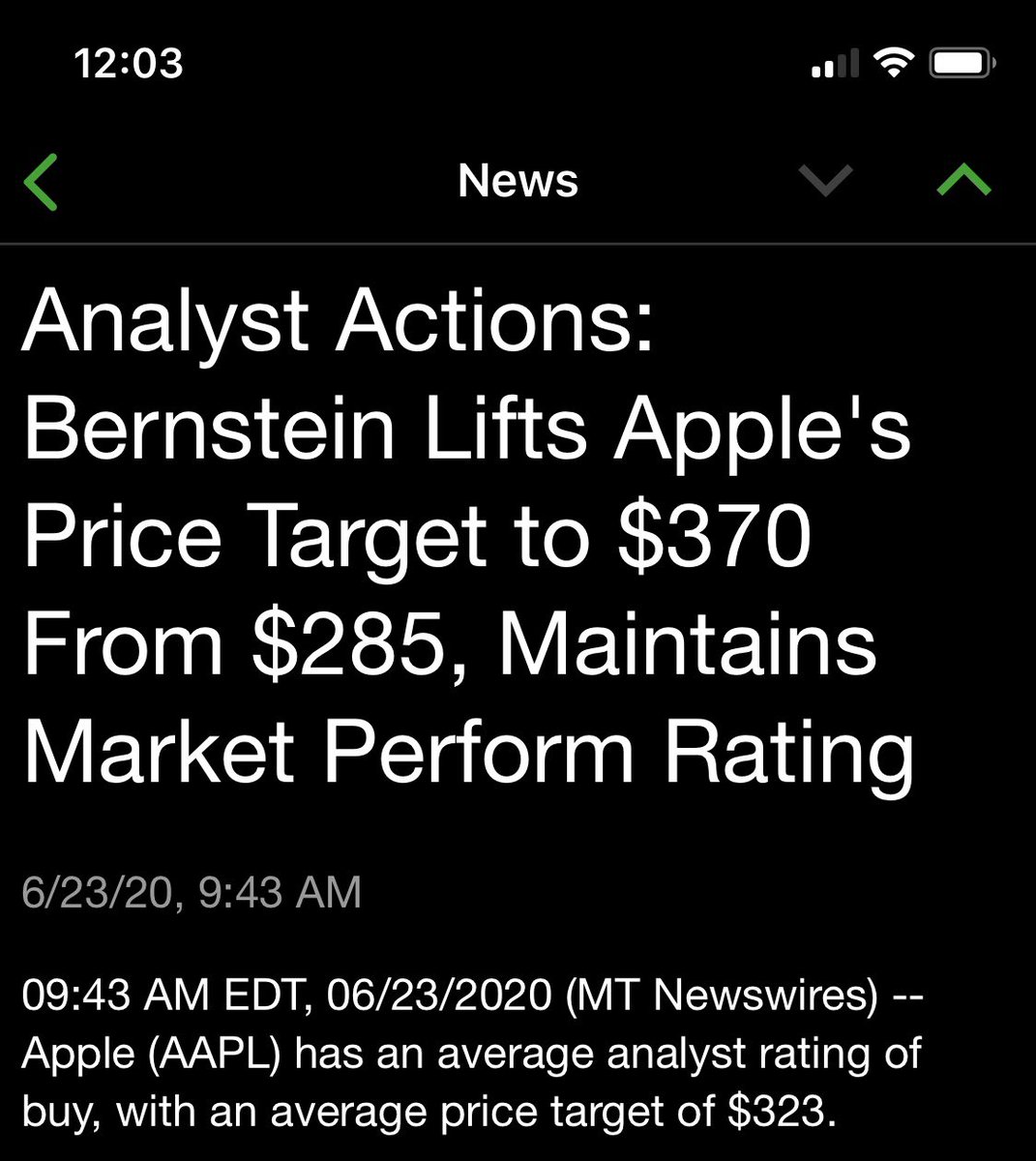 Bernstein Lifts Apple's Price Target to $370 From $285, Maintains Market Perform Rating $aapl