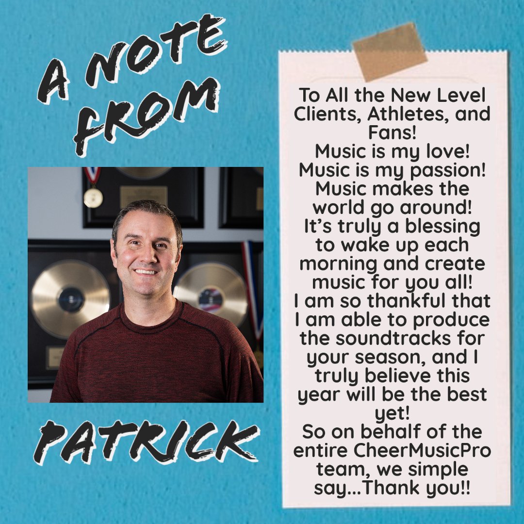 NewLevelMusic's tweet photo. A note from Patrick Avard - our CEO and Executive Producer

@CheerMusicPro #anotefromNLM https://t.co/sztRiddWzs