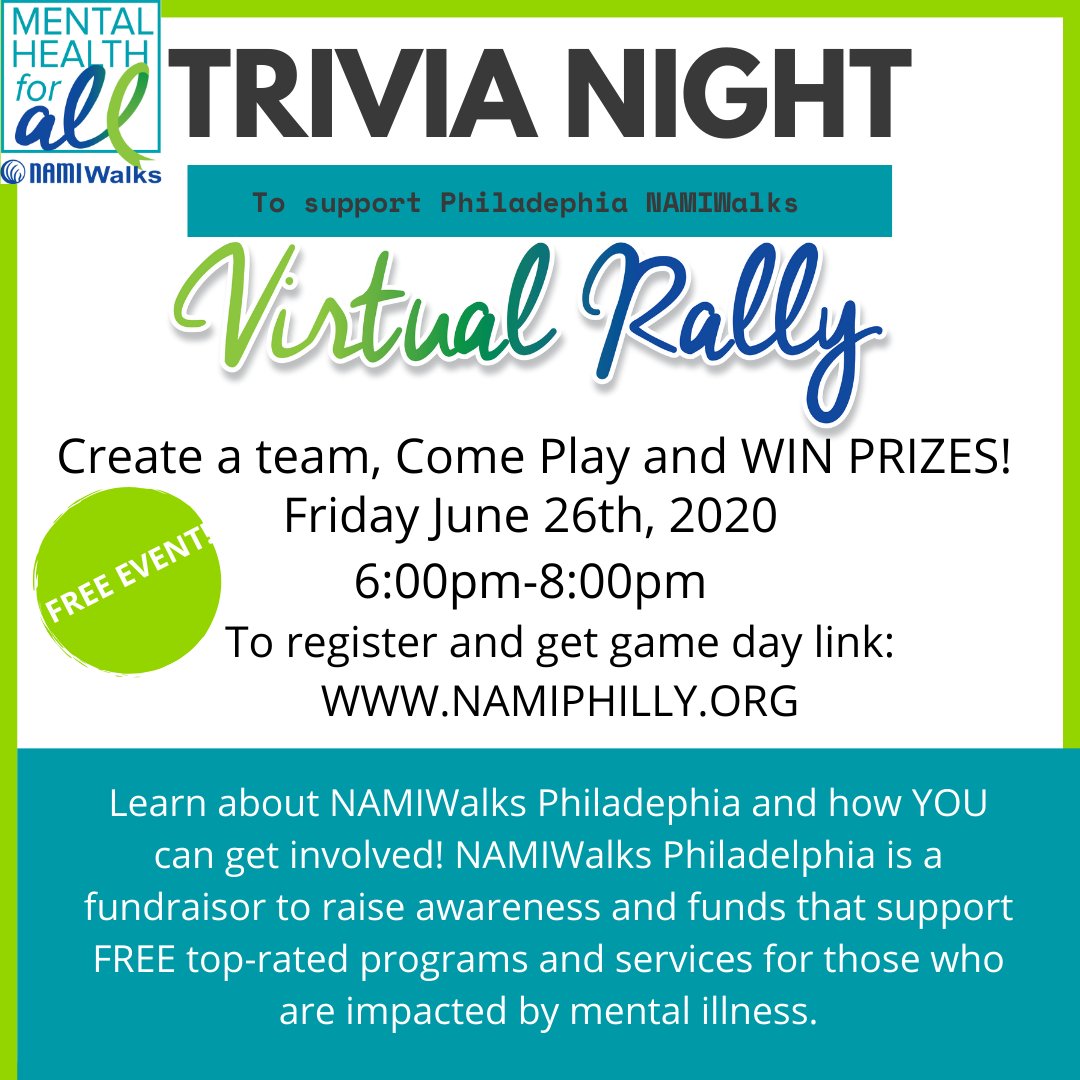 THIS FRIDAY, JUNE 26th from 6:00 - 8:00pm <a href="/NAMI_PHILA/">NAMI Philadelphia</a> will be gathering together via Zoom to learn more about NAMIWalks Philadelphia, play a few rounds of trivia, and hopefully WIN SOME PRIZES! More information: namiphilly.org
