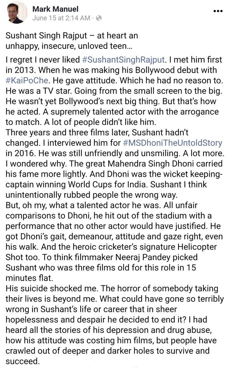 manidixit12's tweet photo. @Kangana_Queenn We need to stop and bycott these so called self-proclaimed journalists @MarkManuel who after the sudden demise of @itsSSR wrote this shit ...are we really living in sensible society? Or we just care about money. the moment I saw this article on @itsSSR ,I had blocked him. https://t.co/N7gfter5xz