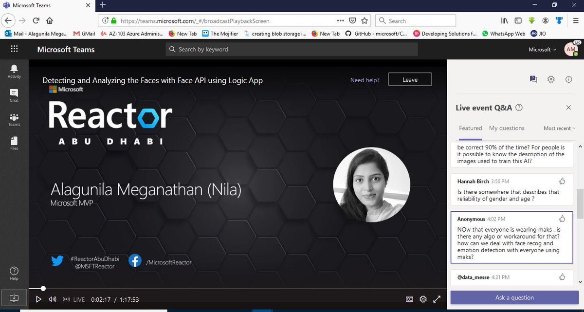 alagunilam's tweet photo. I have delivered the webinar for Microsoft Reactor Abu Dhabi.. We had wonderful discussion and experience on Face API. Thank you very much for providing this wonderful opportunity.
#IndiaMVP #indiabuzz #MSFTReactor
#microsoft #Azure #cognitiveservice https://t.co/K2bAvsRE9j