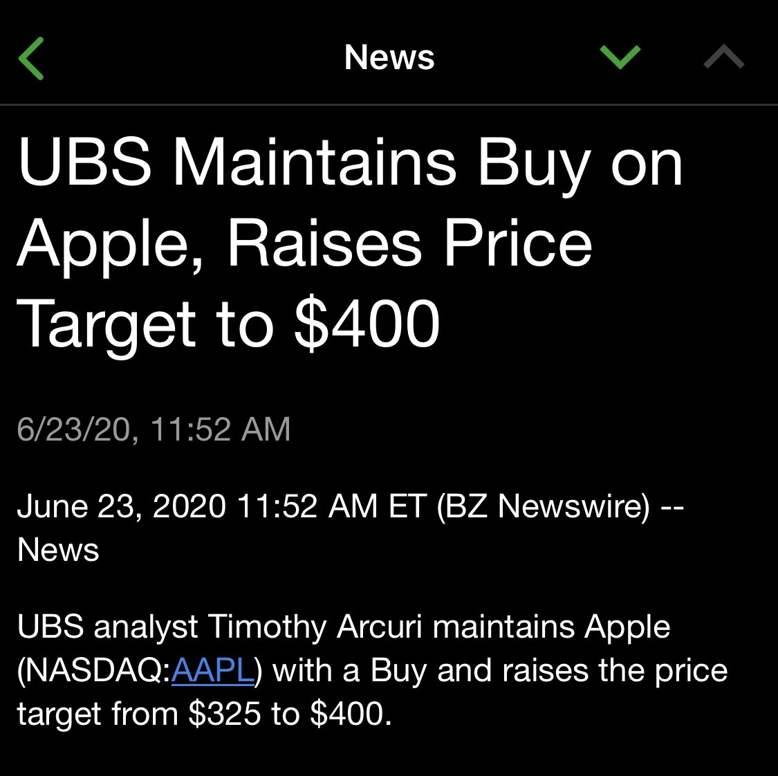 Analyst actions on Apple after yesterday’s  #WWDC announcementsUBS analyst Timothy Arcuri maintains Apple with a Buy and raises the price target from $325 to $400. $aapl  $ubs