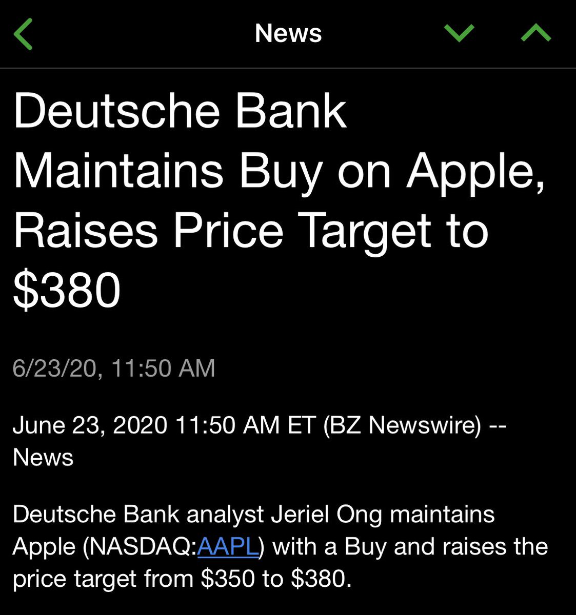 Deutsche Bank analyst Jeriel Ong maintains Apple with a Buy and raises the price target from $350 to $380. $aapl