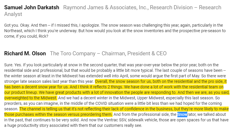  $TTC with a better snow season than  $PLOW. They index higher in Midwest and Upper Midwest.