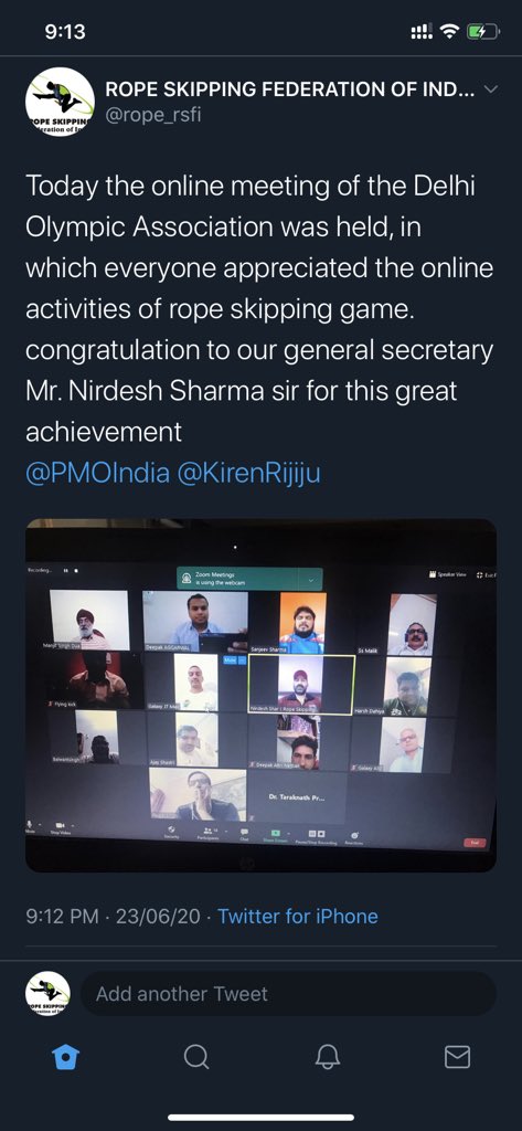 rope_rsfi's tweet photo. such a great achievement for our nirdesh sharma sir he joined the online meeting of delhi olympics association on the great occasion of international olympic day and each and every member of delhi olympics association appreciated our online activities 
congratulations sir 😊 https://t.co/eSKsrnrep4