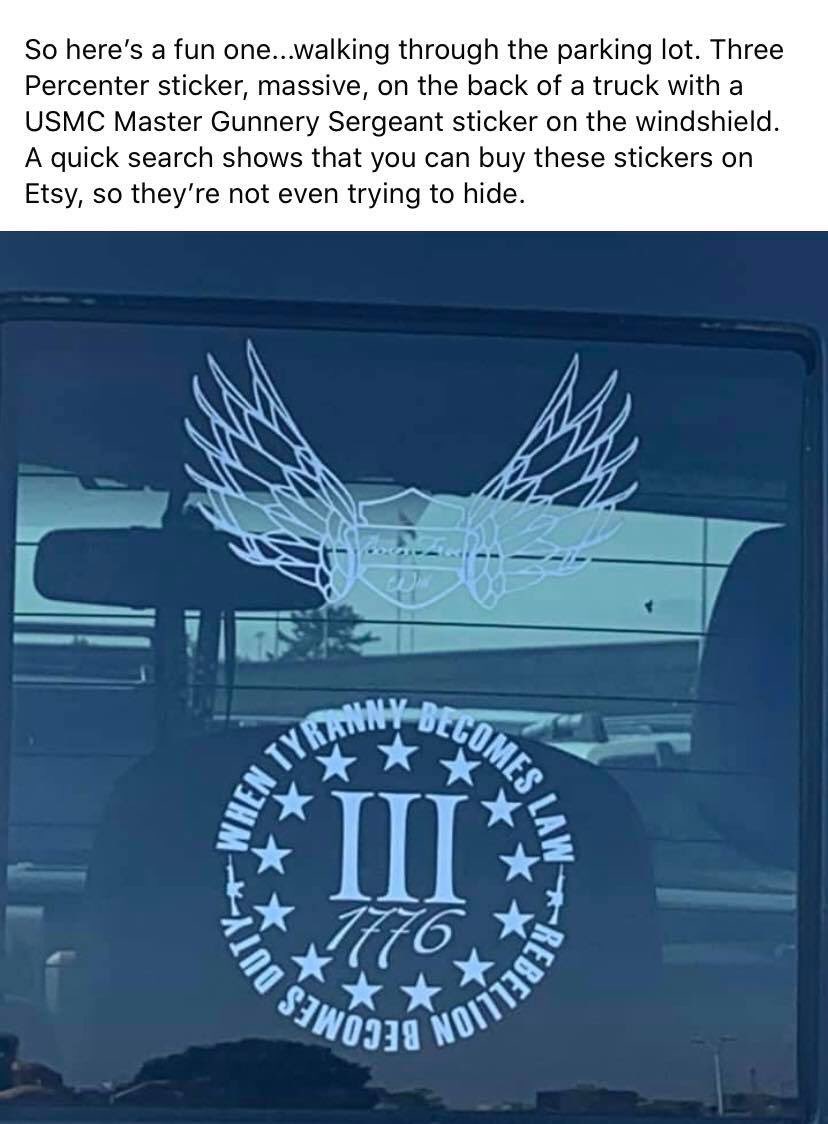 ErinAKirk's tweet image. What is it about racist Marines feeling they are invincible? This is on a MGySgts truck parked in permanent parking at the Pentagon. With huge #USMC stickers and MGySgt stickers on his truck. @CMC_MarineCorps @USMCSgtMaj #threepercent #WhiteSupremacists #Boogaloo #boogaloobois