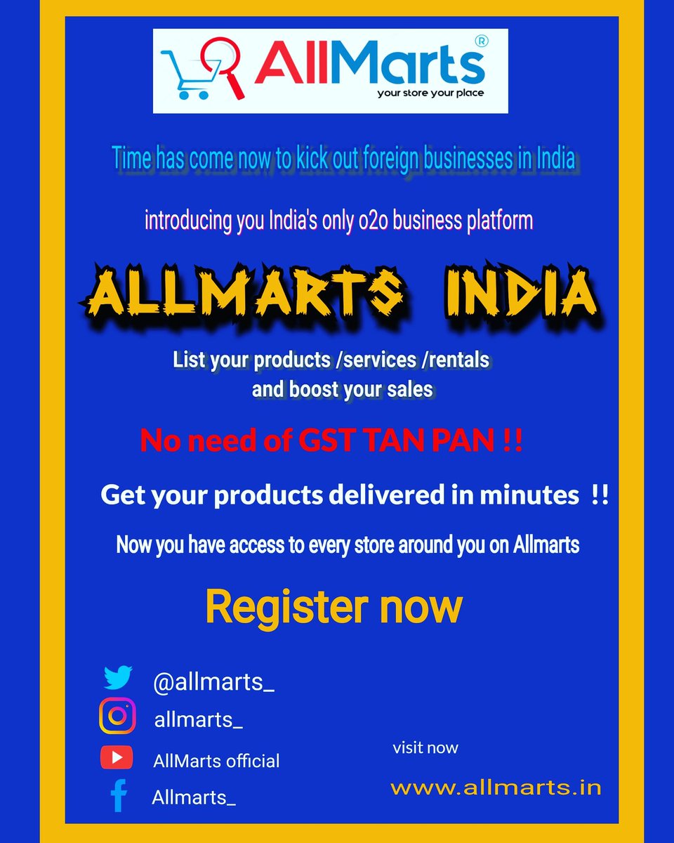 Allmarts_'s tweet photo. Allmarts
List your products/services/rentals
No need of GST TAN PAN
Get your products delivered in just minutes from nearby stores
Register now 👇👇
https://t.co/oOSL760MIS

#allmarts #ecommerce #onlineshopping #offlineshopping 
#o2obusinessmodel https://t.co/aKDUXoimYn