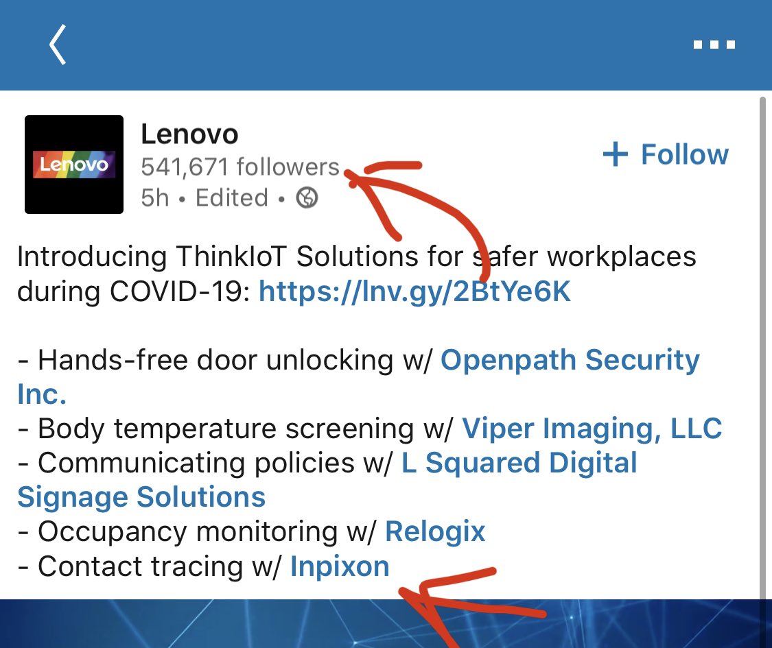 Lenovo CCO is excited to work with  $INPX Account Exec Ivan Pazgaj and the rest of Inpixon team. Head of IoT Real Estate at Lenovo ready to announce more in the near future. We’ve got a whole new pipeline of announcements to look forward to as  #contacttracing goes enterprise.