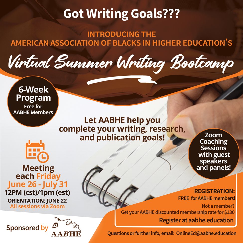 Registration Closed!

Due to high demand and interest, we've reached capacity for the Writing Bootcamp.  

Thanks for partnering with AABHE to help achieve your writing, research and publication goals.