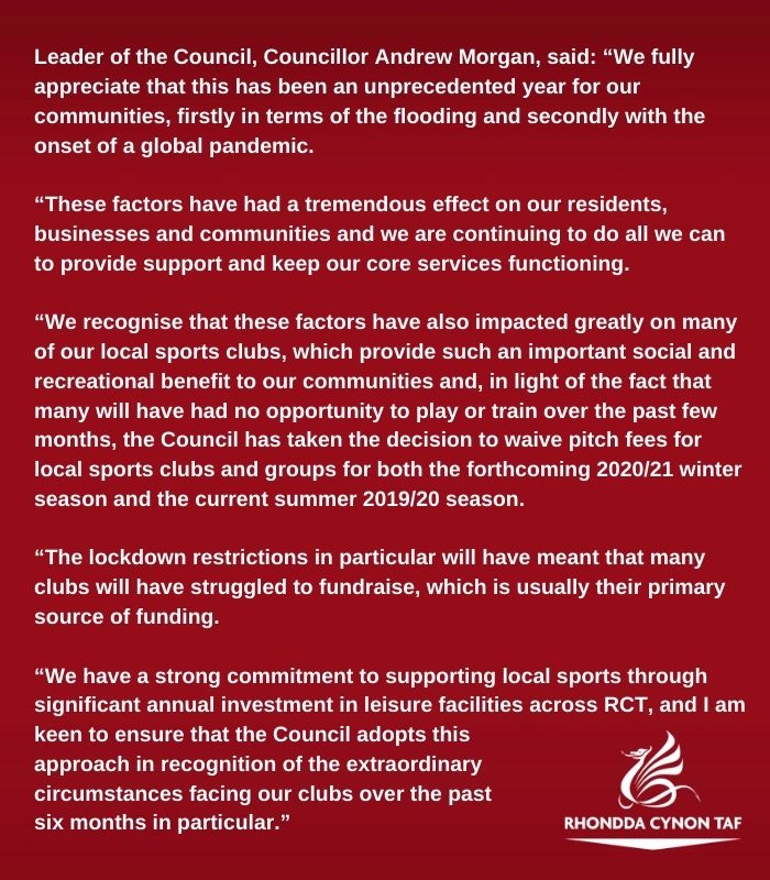 RCTCouncil's tweet photo. Statement - Council confirms sports pitch fees to be waived: https://t.co/XlOFaua9z8