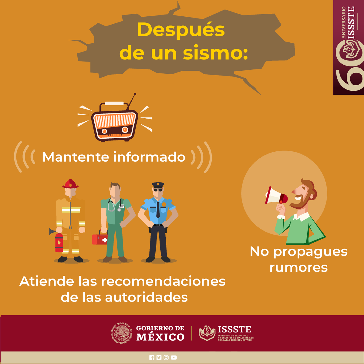 Después de un #Sismo es necesario mantener la calma y no propagar rumores.
Recuerda que el número de emergencia es el 911.
#60AniversarioISSSTE
