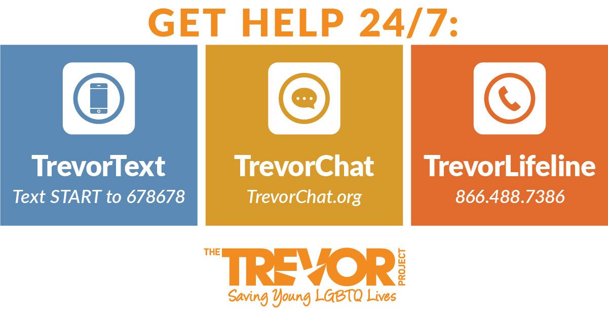 Communities4Act's tweet photo. If you are a LGBTQ teen or young adult and struggling, The Trevor Project is there for you. You can call, chat online or text with a counselor 24/7. https://t.co/qzgJSXY6dQ https://t.co/d62s4TDPor