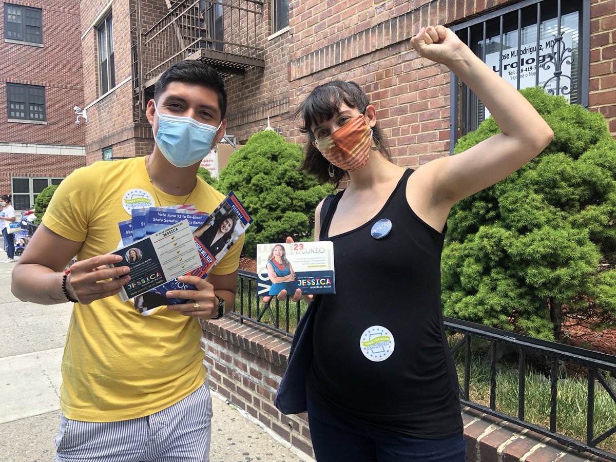 MakeRoadActNY's tweet photo. .@antonioalarconc &amp; Yasmine are EXCITED to help elect @votejgr for NYS Assembly, and re-elect @jessicaramos for NYS Senate in Queens. 

Let’s vote for respect &amp; dignity TODAY! Remember, polls close at 9pm. #Road2Jessica https://t.co/qoyWhMTqXA