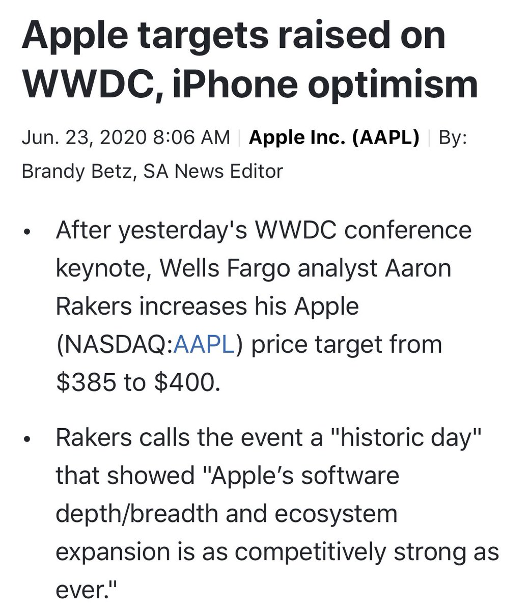 Wells Fargo analyst Aaron Rakers increases his Apple price target from $385 to $400.Rakers calls the event a "historic day" that showed "Apple’s software depth/breadth and ecosystem expansion is as competitively strong as ever." $aapl