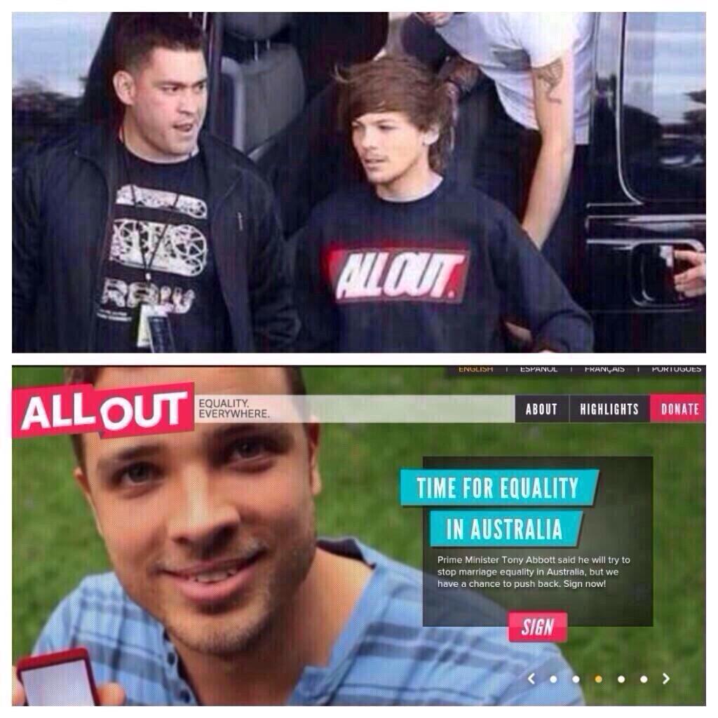 louis supported a non profit organisation called All Out by wearing their clothing. All Out focuses on political advocacy for the human rights of lgbt people.