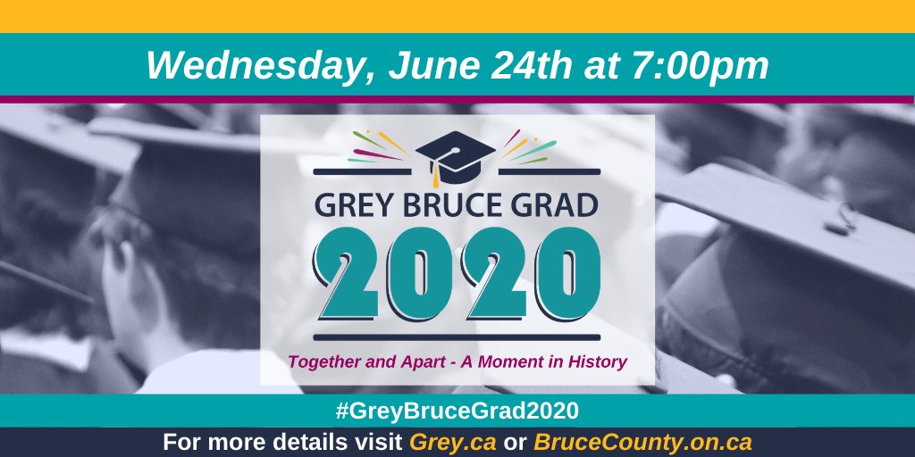 One more sleep 'til #GreyBruceGrad2020! Visit grey.ca/programs-initi… or brucecounty.on.ca/GreyBruceGrad2… for info, posters, signs, etc. At 6:55 p.m., grads/students of all ages are invited to stand on their lawns/porches. Bang pots/pans, clap, whistle, honk, light up your sirens at 7!