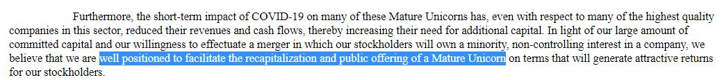 The S-1 mentions "private, large capitalization, high-quality, growth companies" and "mature unicorns"