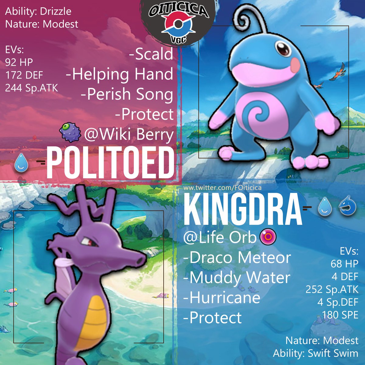 Shiny #RainTeam Core, #Politoed and #Kingdra
Giveaway Time!

They are Battle Ready for VGC.

To be eligible:
✨ Retweet this Image.
✨ Follow me.
✨ Send me a Direct Message with a Trade Code

#PokemonSwordShield
#IsleOfArmour 
#VGC 
#PokemonVGC 
#PokemonGiveaway 
#VGC20Series5