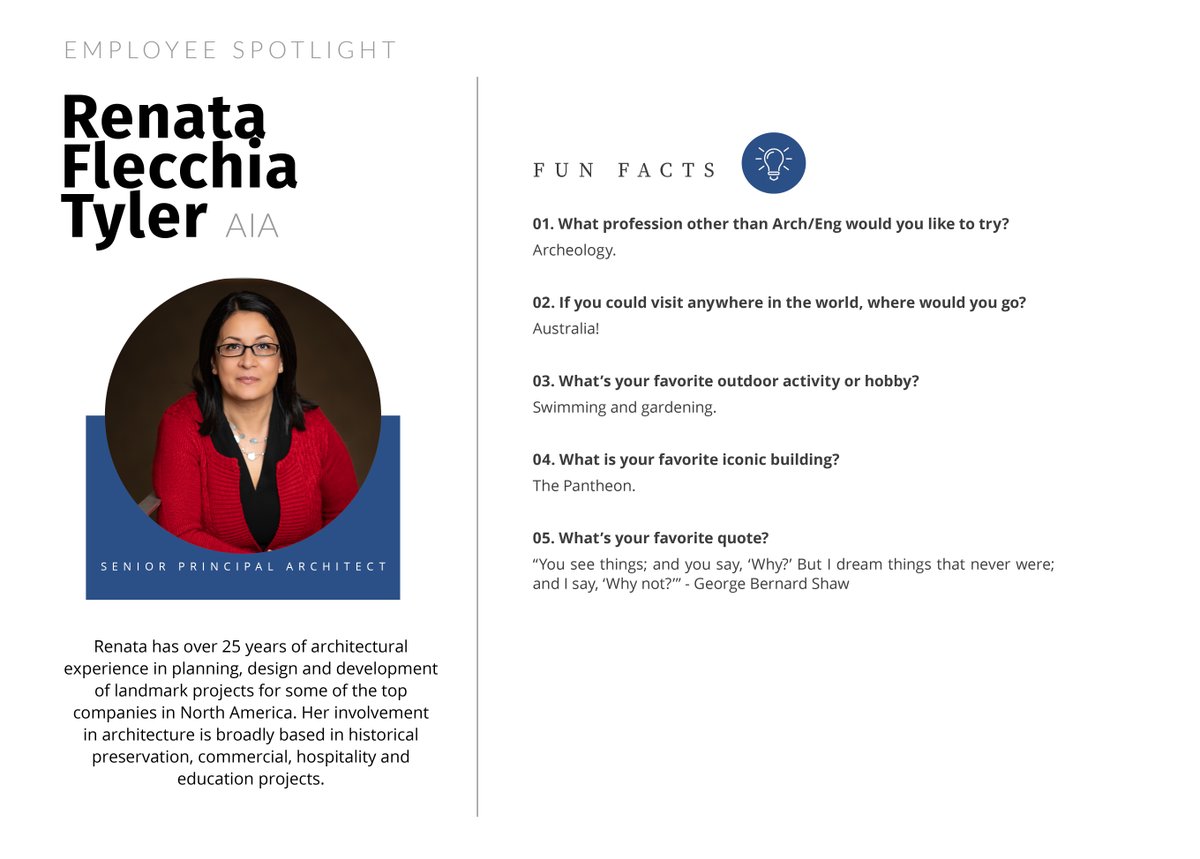 ATIae's tweet photo. Today, we are excited to share an employee spotlight on Renata Flecchia Tyler.  Renata is a Senior Principal at ATI with over 25 years of experience in architecture.  Take a look at these fun facts about her! 

#TeamATI #Employeespotlight #Architecture https://t.co/22WL01zYQa