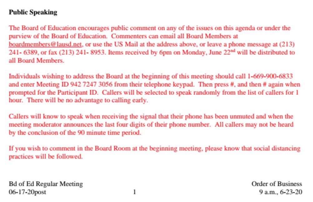 Right now, we are in the public comment portion of the  #LAUSD board meeting. Because of  #coronavirus and social distancing, this meeting is being held with most board members participating via ZOOM.Here are the details about public comment: