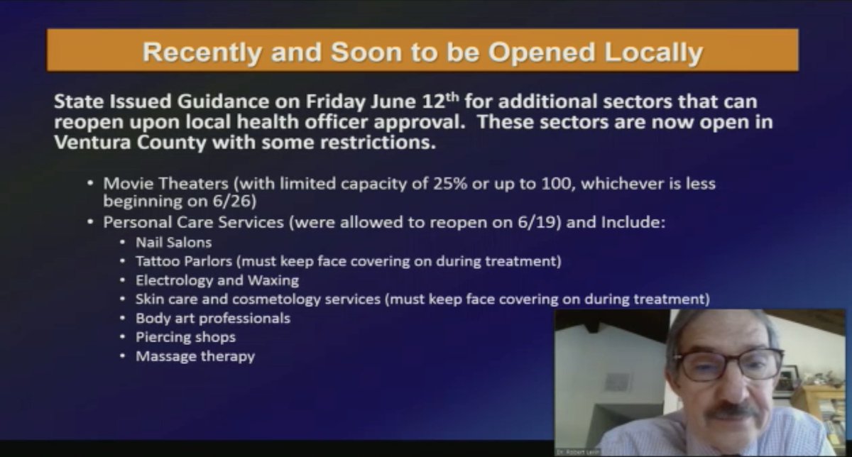 Levin, speaking via Zoom, said some theaters have opened with reduced capacity. For personal care services, both client and worker must wear masks.