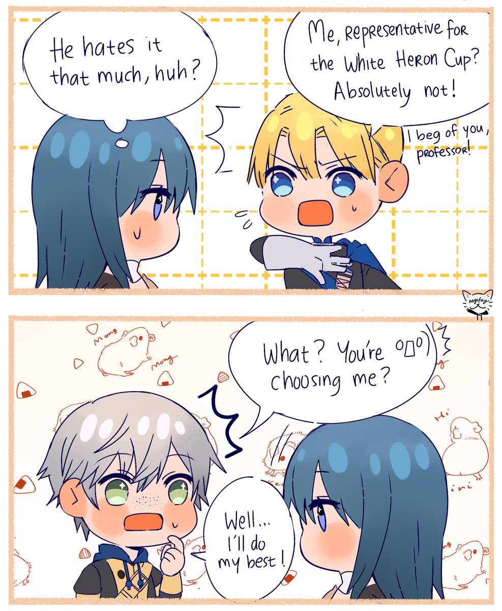 Nagifry's tweet photo. Old comic idea about White Heron Cup, inspired from how badly Dimitri refuses to participate but will still give in since Byleth asked him... 😂✨

#fe3h https://t.co/Ge8zmPFLL2