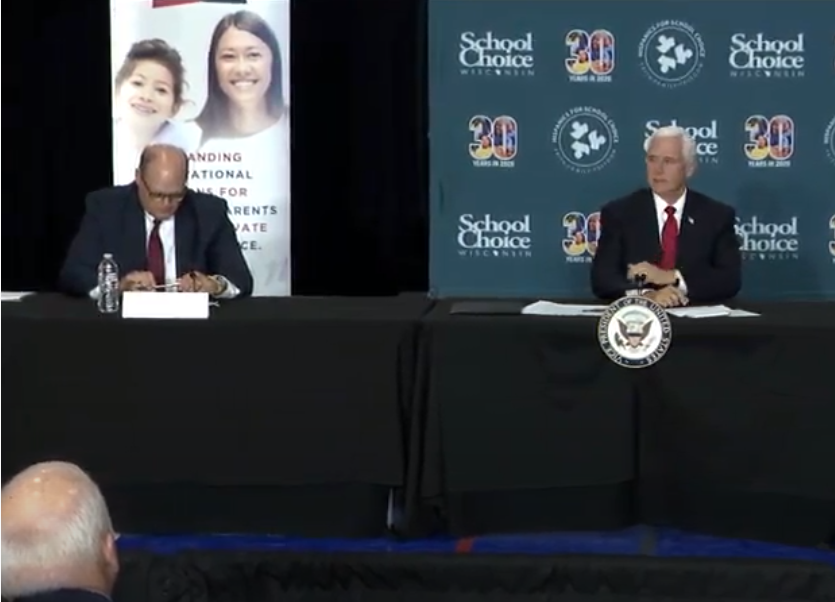 sbauerAP's tweet photo. @VP @FitzgeraldForWI @BetsyDeVosED @KellyannePolls .@FitzgeraldForWI has a front row seat for the Pence panel https://t.co/nQ0SzKLMM1