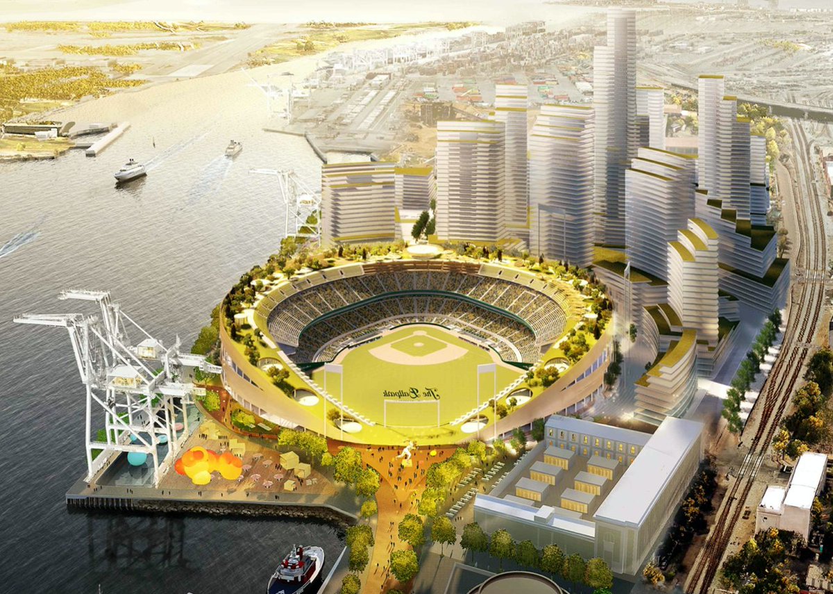 newballpark's tweet image. Though the two drawings pictured don’t exactly match. They’re variants of the concept.

The buildings behind the ballpark are softened a bit, so it’s less apparent that they’re condos overlooking the game.

#HowardTerminal
