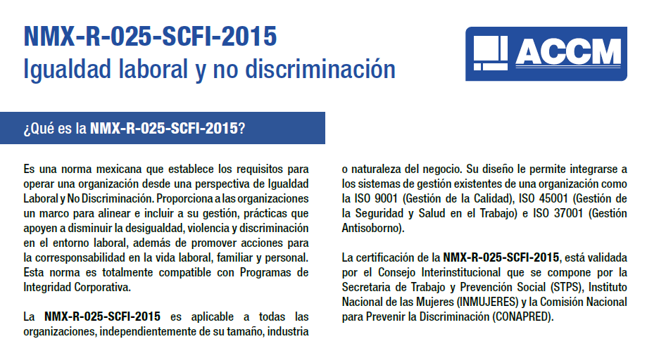 accmgroup's tweet photo. En ACCM América, continuamos comprometidos con las prácticas enfocadas a la inclusión, la no discriminación y la equidad de género. Conoce nuestro servicio de certificación NMX-R-025, Igualdad Laboral y No Discriminación. @CONAPRED @inmujeres https://t.co/uRkDmmMeAp