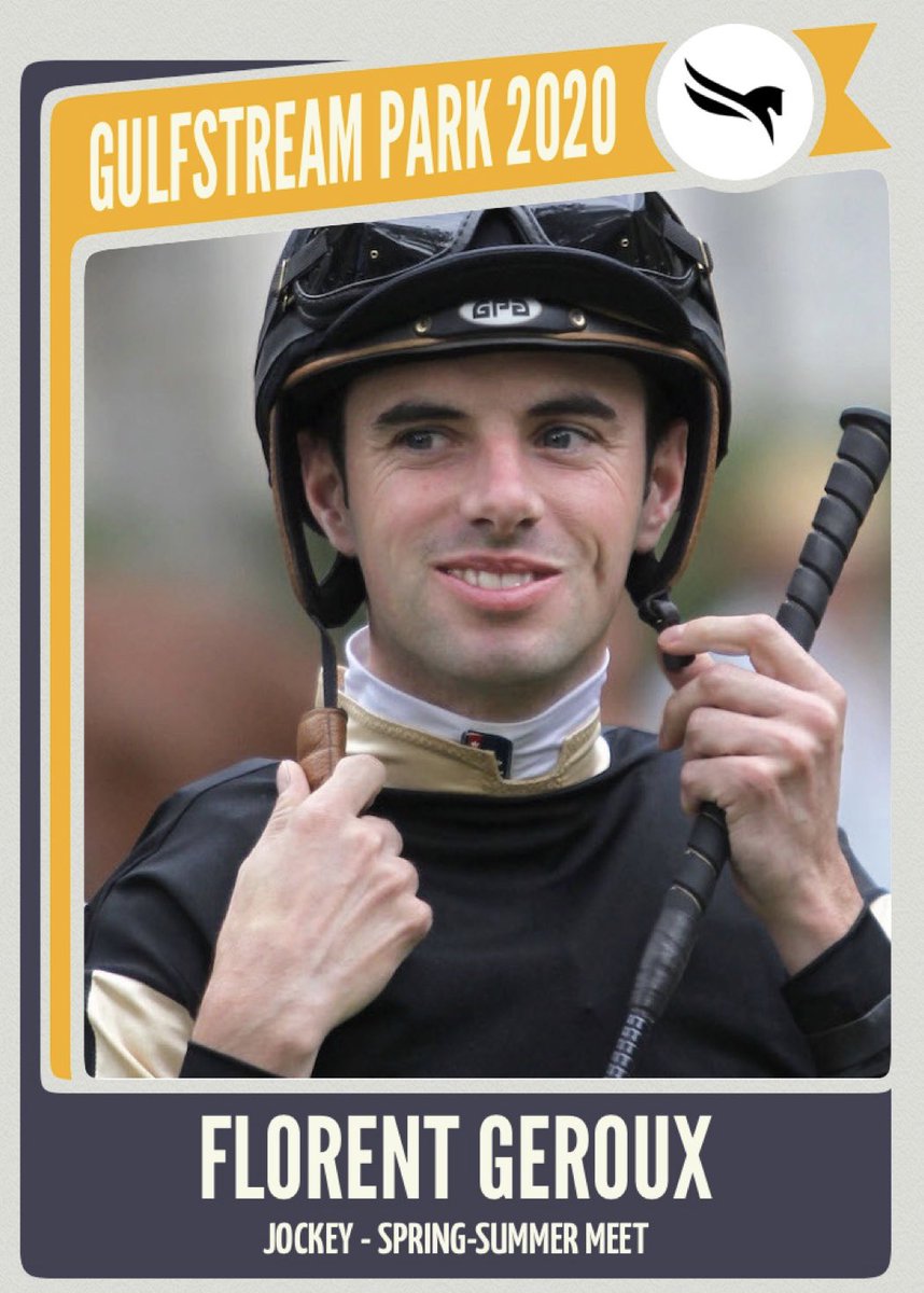 GulfstreamFanGQ's tweet photo. Florent Geroux - Gulfstream Park 2020 Spring-Summer Meet Virtual Jockey Trading Card (front & back). @flothejock #FlorentGeroux #GulfstreamPark #2020SpringSummerMeet #HorseRacing #Jockeys #VirtualTradingCards https://t.co/A73IU71vUU