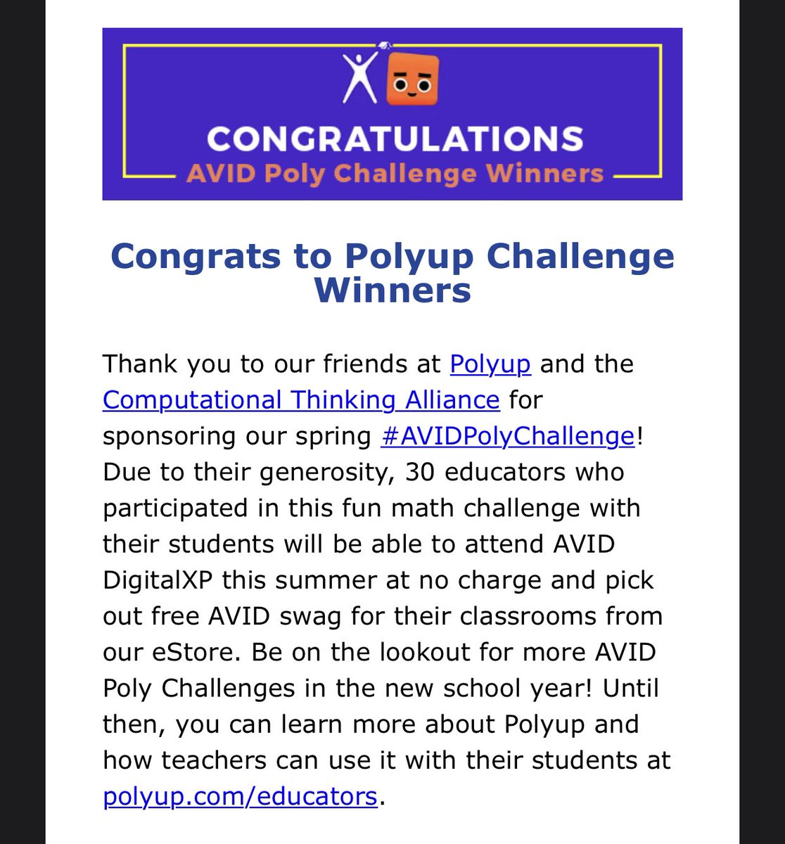 Our Summer ACE and AVID kids teamed up to participate in the AVID Polyup Challenge for weeks 6 &amp; 7. We are EXCITED to announce we won each week we participated in and won (2) $850 AVID DigitalXP registration vouchers 🙌🏻🎉 <a href="/AVID4College/">AVID</a> <a href="/CCISD/">CCISD</a> <a href="/Driscoll_CCISD/">DMS Rangers</a> @PolyupInc