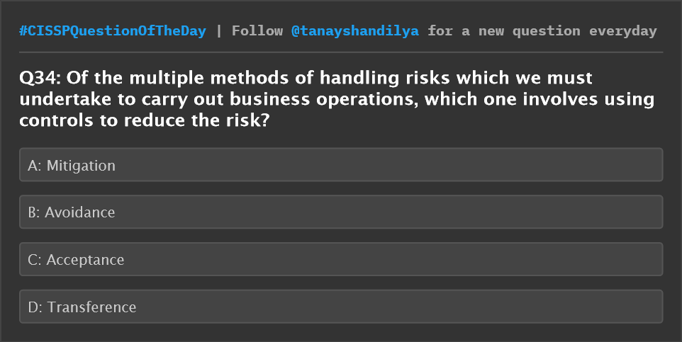 tanayshandilya's tweet image. CISSP Question of the day
#CISSPQuestionOfTheDay #cissp #cisspprep #cisspcertification #cybersecurity #womenintech #informationsecurity #comptia #securityplus #crisccertification #isaca #riskmanagement #securitygovernance #laws #cisacertification
