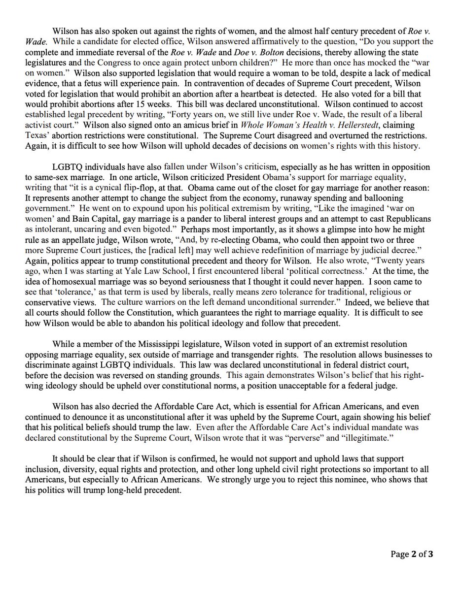 Screenshot of page 2 of the CBC's letter to the Senate Judiciary Committee urging opposition to Cory Wilson.