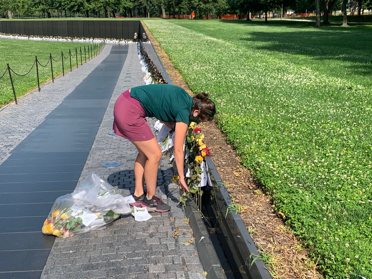 VVMF's tweet photo. This morning, a small number of VVMF staff collected the Father's Day roses from The Wall, and cleaned around the Vietnam Veterans Memorial site. A heartfelt thank you to everyone who sponsored roses this year. More than 3,300 roses were sponsored and laid in honor of our heroes. https://t.co/owwkK1kdE5