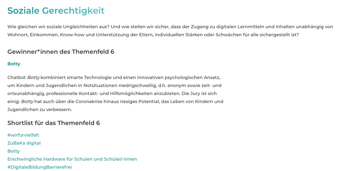 Ganz herzlichen Glückwunsch an #Botty die Gewinner im Themenfeld 6 Soziale Gerechtigkeit beim <a href="/wirfuerschule/">#wirfürschule (hier inaktiv)</a> Hackathon. Tolles Projekt! Und natürlich auch an alle anderen Gewinner:innen: wirfuerschule.de/gewinnerinnen/