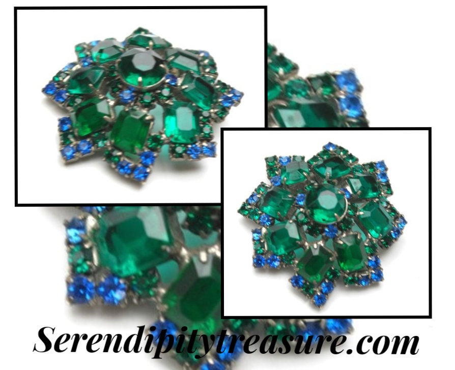 Excited to share the latest addition to my #etsy shop: Rhinestone Brooch Blue Green open back crystal stones domed flower brooch silver pot metal Atomic pin etsy.me/37THEJC #blue #green #glass #facetcut #greenblue #juliana #silverprong #openback #flowerbrooch