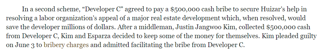 "Developer C" also got in on the action, paying $500k to help mediate a friendly labor arrangement as part of a real estate project...