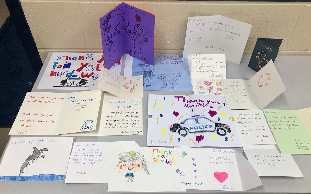 novipolice's tweet photo. We are so blessed to have such a supportive community! Every member of our team appreciates the effort & time which went into these beautiful cards of support. We will display them proudly! Thank you! #PartnersWithOurCommunity #OneNovi @cityofnovi https://t.co/H35JVaAUzu