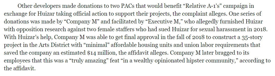 Seems “Company M” facilitated by “Executive M” did oppo research on 2 female staffers who had  #MeToo   claims against Huizar. Then got a sweetheart deal that saved them $14M in construction of a tower in the Art's district.