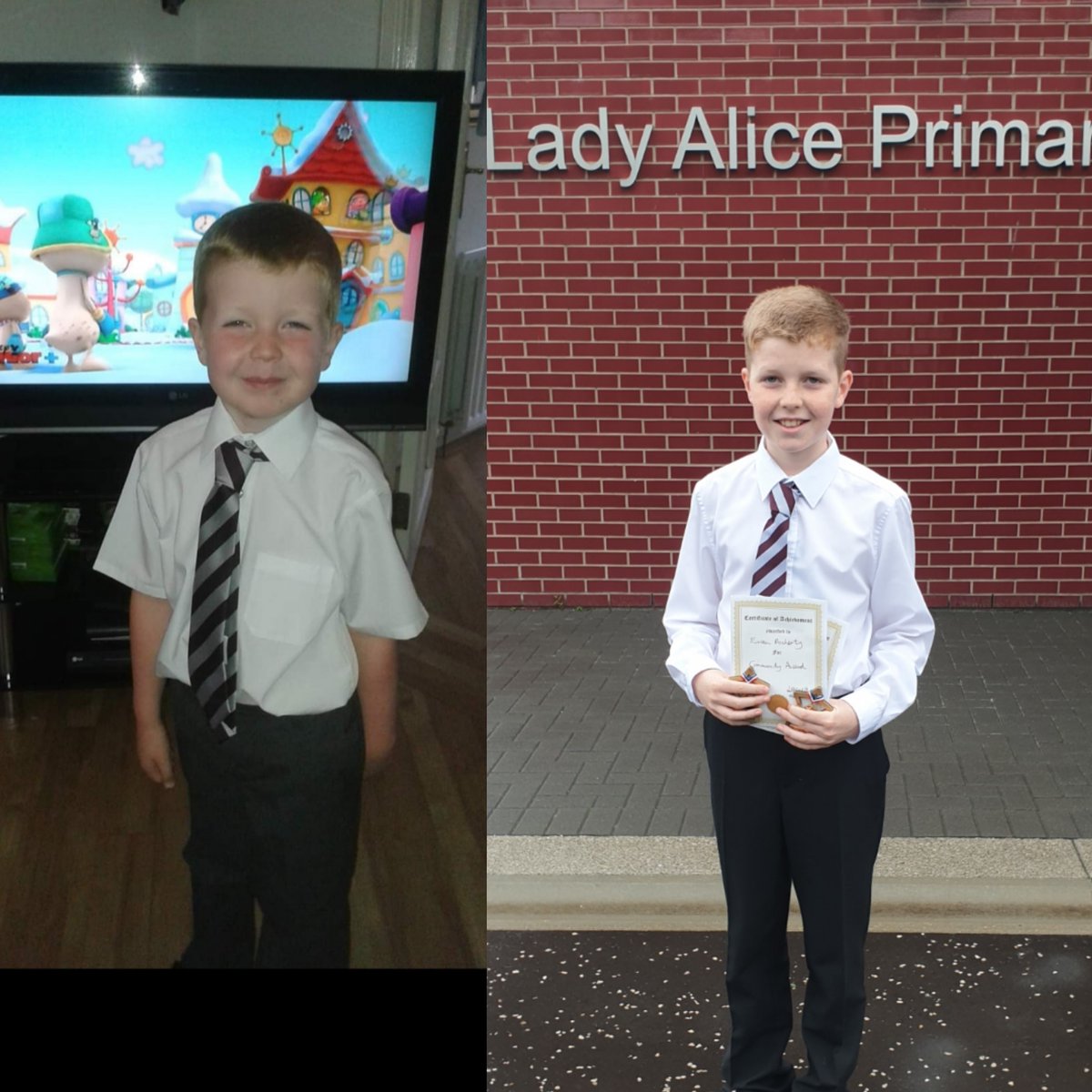 First and Last day of Primary. We are so proud of Ewan's achievements. A special thankyou to @MissMcShane_LA  for giving up your Saturday mornings cheering on all the X country runners at Towerhill. Memories Ewan will hold fondly. Wishing all the @P7MRC_LA kids all the very best!