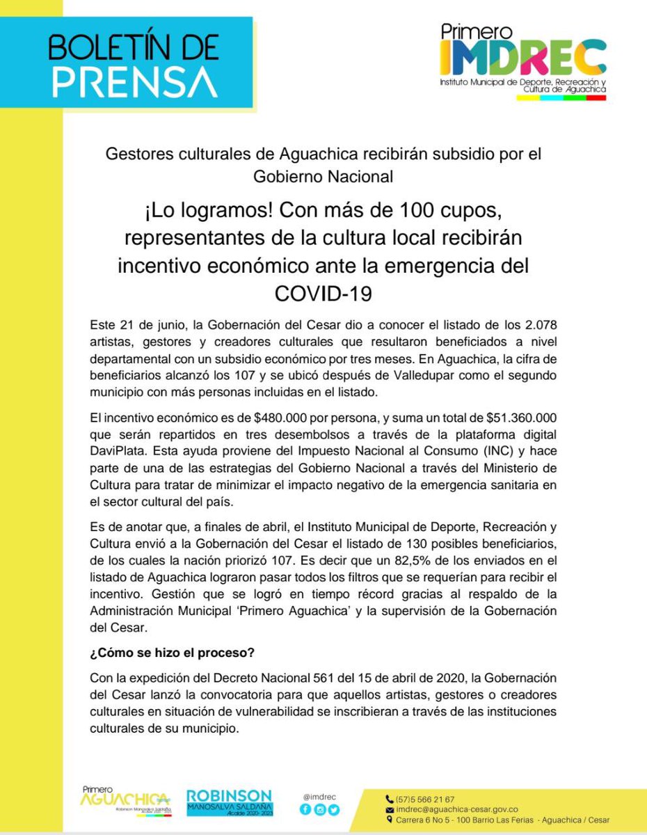 imdrec's tweet photo. ¡Lo logramos! Más de 50 millones en subsidios recibirán representantes de la cultura en Aguachica durante tres meses.
•
•
•
Les compartimos el boletín de prensa sobre esta grata noticia para la segunda ciudad del Cesar.
#PrimeroImdrec #RobinsonManosalvaAlcalde https://t.co/o2t3OZwBAX