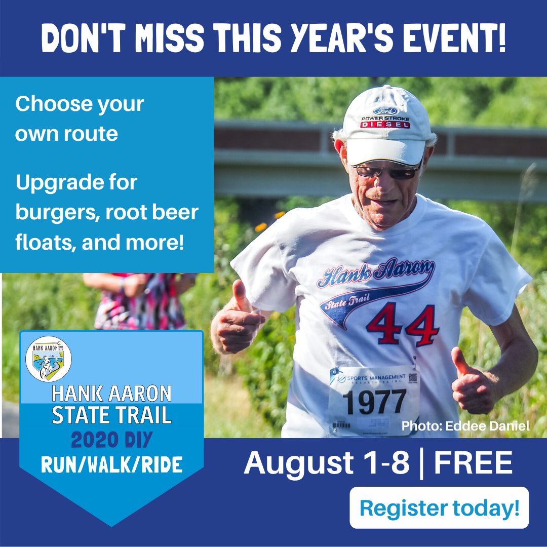 HankAaronTrail's tweet photo. Announcing this year's revamped 5k event: Join us for the Hank Aaron State Trail DIY Run/Walk/Ride August 1-8! Committed to celebrating our community, honoring our traditions and putting the health and safety of all as a top priority! Learn More https://t.co/WVssEzeFDe
#HankDIY https://t.co/rtRn45XcFK