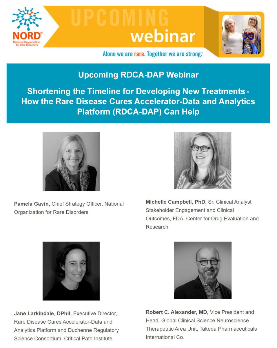 RareDiseases's tweet image. Join #NORD, @CPathInstitute, @US_FDA and @TakedaPharma tomorrow, June 24 at 2:00 PM ET for “Shortening the Timeline for Developing New Treatments – How the Rare Disease Cures Accelerator–Data and Analytics Platform Can Help.” Register: bit.ly/2Bxd10k #RDCADAP #webinar