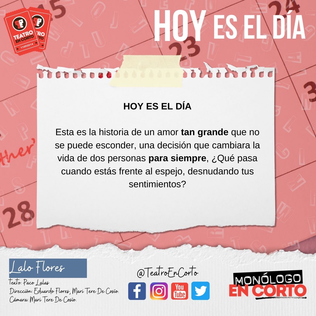 Hoy es el gran estaremos de nuestro penúltimo #MonologoEnCorto conoce un poco más de #HoyEsElDia con <a href="/lalofloresmx/">Lalo Flores</a> en la entrevista completamente en VIVO que tendremos a las 3:00 PM y a las 7:00 PM no te pierdas el gran estreno en todas nuestras redes sociales!!
