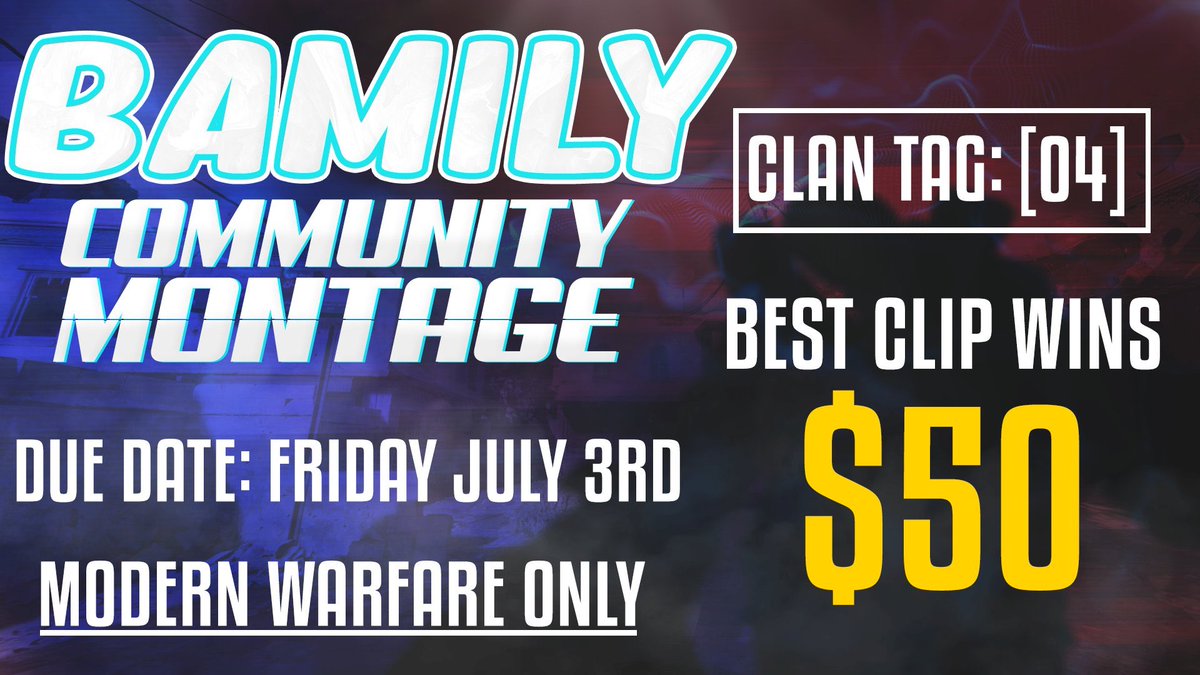 Bamslol's tweet photo. COMMUNITY MONTAGE TIME.
[O4] MW ONLY
BEST CLIP=$50
if you’re going for Obey, go for this ;)
Type !drive in my twitch chat to add clips! https://t.co/1EPvV70mcv
