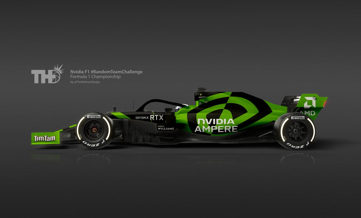 timholmesdesign's tweet photo. Here is my next #randomteamchallenge livery, the 3 brands to make it were @nvidia as title sponsor, @AMD and @TimTam_US what do you think to this dark yet vibrant look? https://t.co/y1bWs4Bj4q