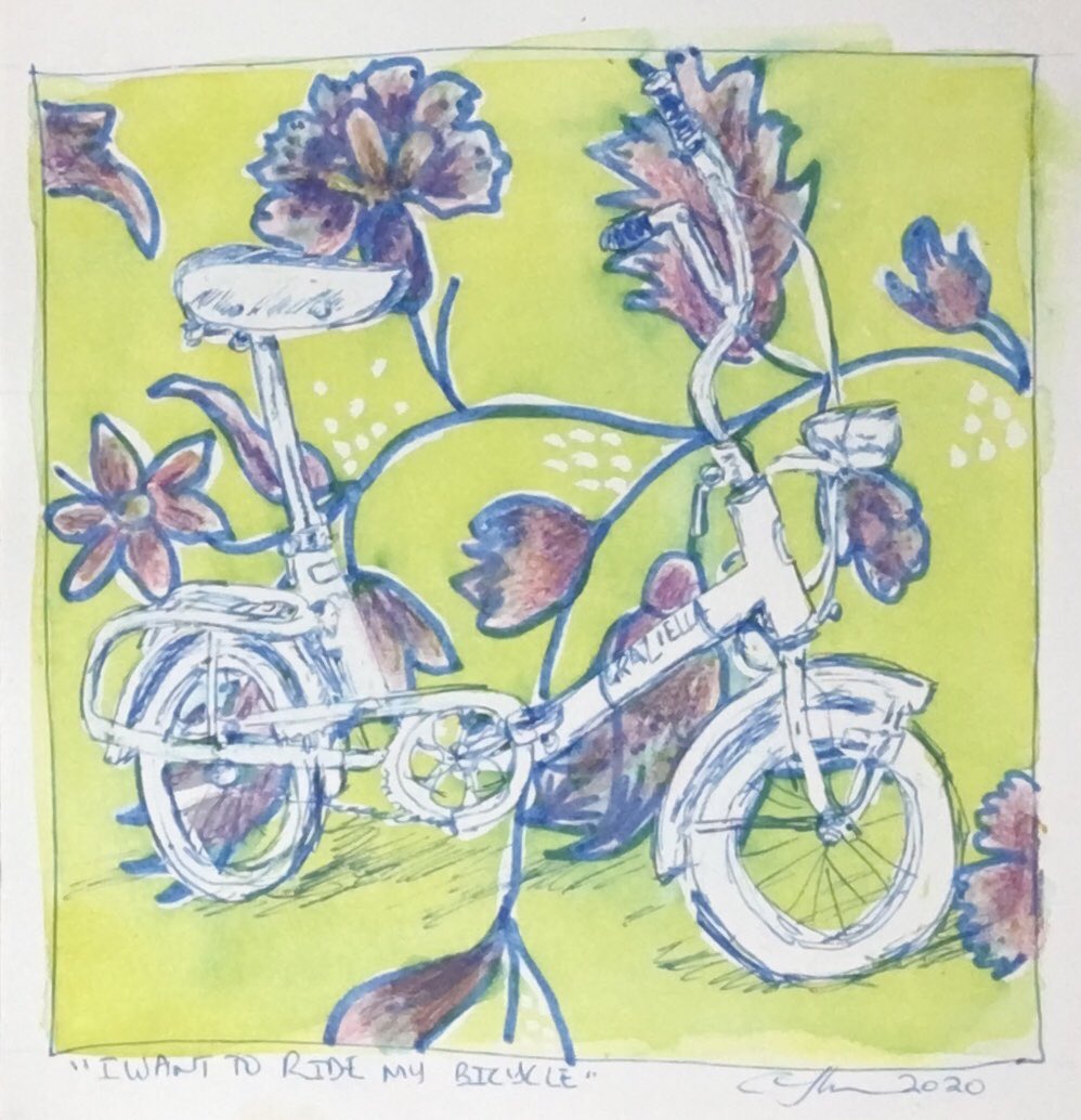 melvinsmama's tweet photo. Today’s #yycdoodlebugs prompt was, WHEELS. When I was a kid, my mom gave me her Italian folding bike because I was too little for a ten-speed.  It was awesome! #WeAreCBE #yycbeArts https://t.co/Sl2FRCQ6Sk