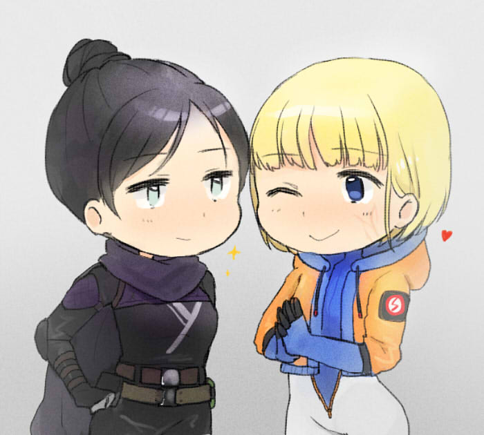 wattson (apex legends) ,wraith (apex legends) multiple girls 2girls animification orange jacket one eye closed bodysuit single hair bun  illustration images