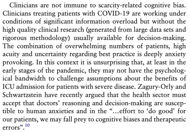 Clinicians are inevitably subject to cognitive bias. You want the 'best' for your patient and if ICU resources are scarce it must be because they are 'best'.